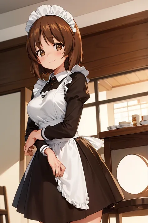 1girl, solo, girls und panzer, nishizumi miho,  brown eyes, brown hair, short hair, (maid uniform:1.4),closed mouth,happy,indoors, cafe 