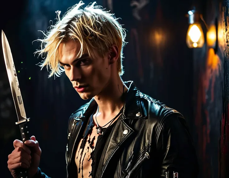 Realistic, forward facing shot, solo, young male model, 22 years, pale skin, model (skinny:1.3), (short messy blond hair:1.5), (black leather jacket:1.3), holding a knife, dark lighting, evil, sexy, demon, night club setting, BDSM background