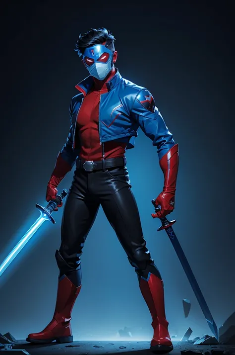 ((ULTRA quality)), ((A super hero)), ( red & blue color jacket, black pants &boots and he holds a blue color glowing sword), eyes glows in blue and wears a blue tech mask.The super hero ready for a action