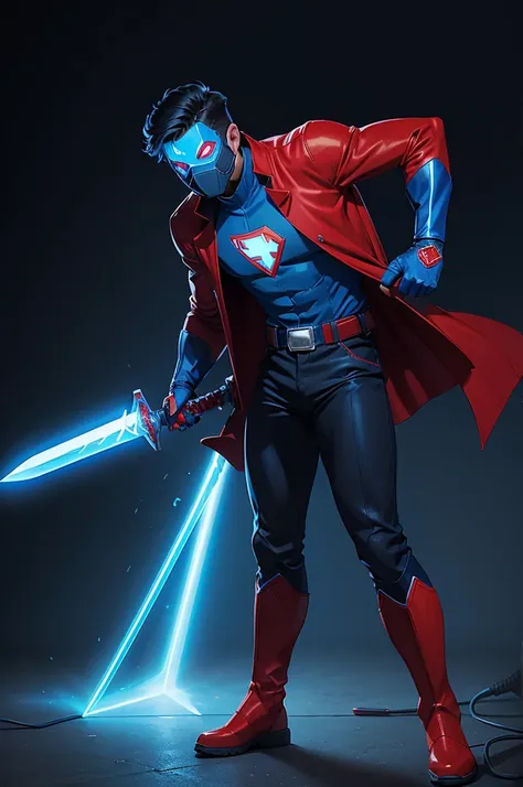 ((ULTRA quality)), ((A super hero)), ( red & blue color jacket, black pants &boots and he holds a blue color glowing sword), eyes glows in blue and wears a blue tech mask.The super hero ready for a action