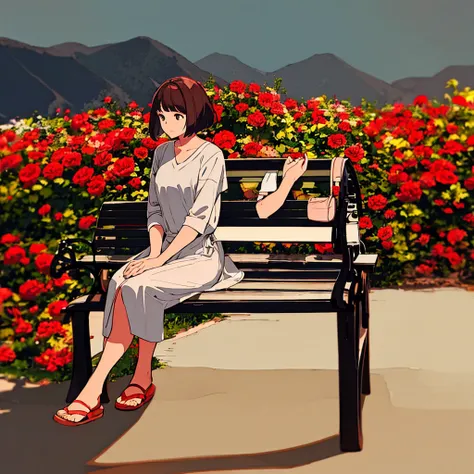 Light gray background Woman sitting on bench Red flowers Summer Brown short hair