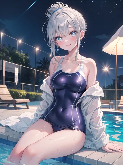 (8k, best quality, master piece: 1.2),super high resolution,1 girl, solo, ((colorshift eyes, hyperdetailed, expressive eyes)), ultra-detailed face, random hair, silver gray color, Ecstatic expression,She is relaxing by the pool at a luxury resort. The pool...