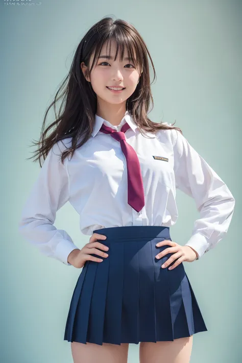 ((school uniform)),ribbon at neck,(school uniform and ((navy skirt)) and white shirt:1.1), skin color, big , smile, (8k, raw pho...