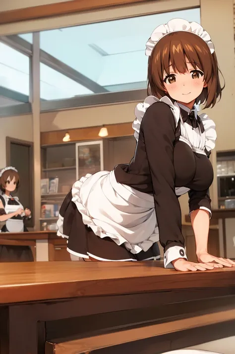 1girl, solo, girls und panzer, nishizumi miho,  brown eyes, brown hair, short hair, (maid uniform:1.4),closed mouth,happy,indoors, cafe ,big breasts