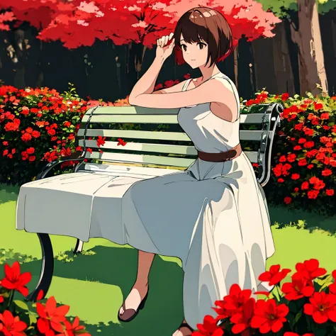 Light gray background Woman sitting on bench Red flowers Summer Brown short hair