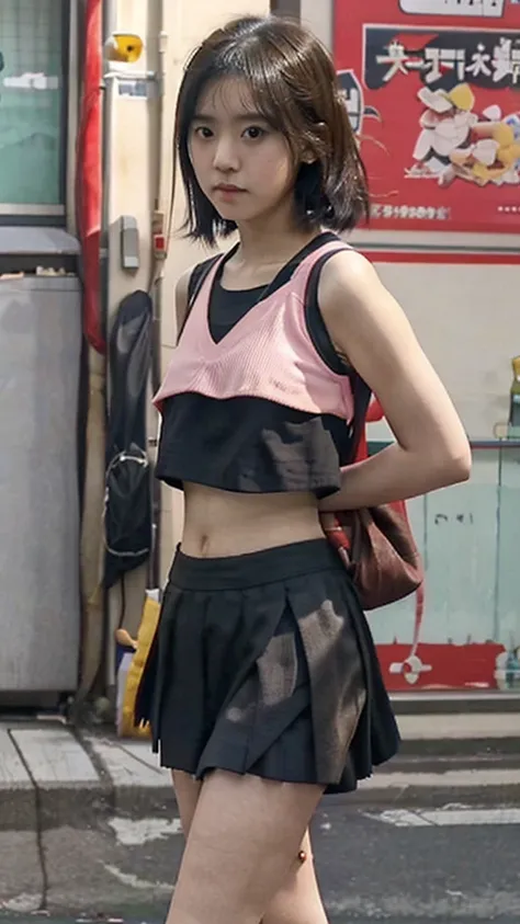 A large group of Japanese schoolgirls in short uniform skirts and open cropped tops 