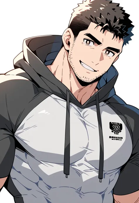 anime characters：chris redfield, muscle sports student, buzz cut, manliness, male focus, sports tight hooded sweatshirt, wear a ...