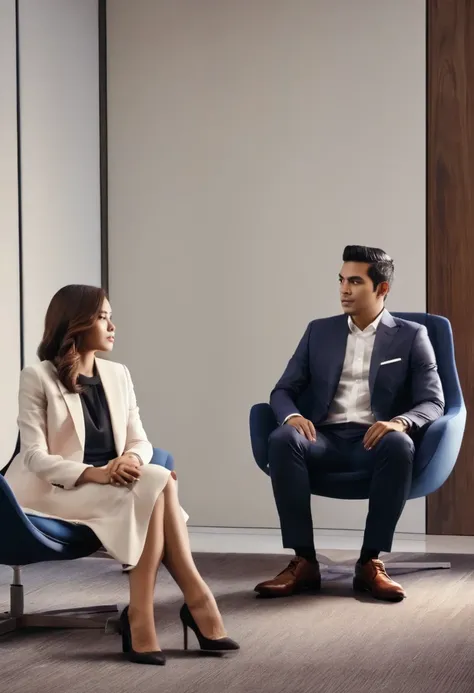 A estranged brother and sister sitting in an office room, Brother in suit who is CEO sitting in his chair, while sister in casual clothes sitting opposite to him, they are looking at each other, photo realstic, cinematic lighting, mid shot