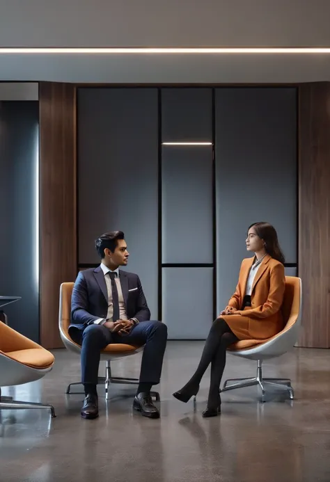 A estranged brother and sister sitting in an office room, Brother in suit who is CEO sitting in his chair, while sister in casual clothes sitting opposite to him, they are looking at each other, photo realstic, cinematic lighting, mid shot