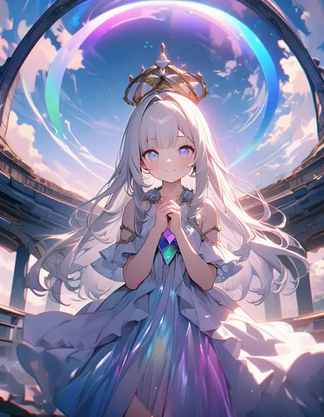 (8K, best quality, master piece: 1.2),super high resolution,1 girl is Aphrodite,18yo,solo,detailed cute face, pretty baby face, ultra cute kawaii, smile,detailed eyes,white hair,long hair,arched crown ,(Aphrodite),straight hair,(iridescent light:1.4),stand...