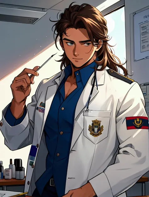 Medium shot,Medicine student ,2nd year , cool , hunk, messy brown hair , in university,uniform