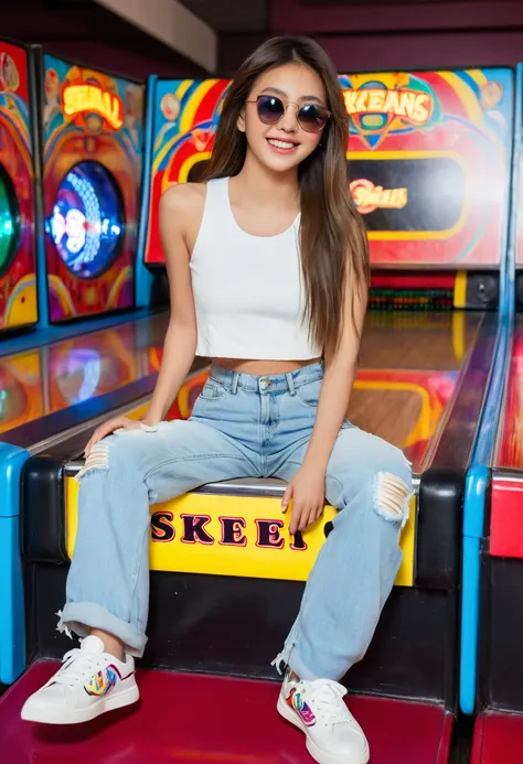 a young girl with long hair sits casually on a skee-ball machine in an arcade. she is wearing a white crop top, ripped light blu...