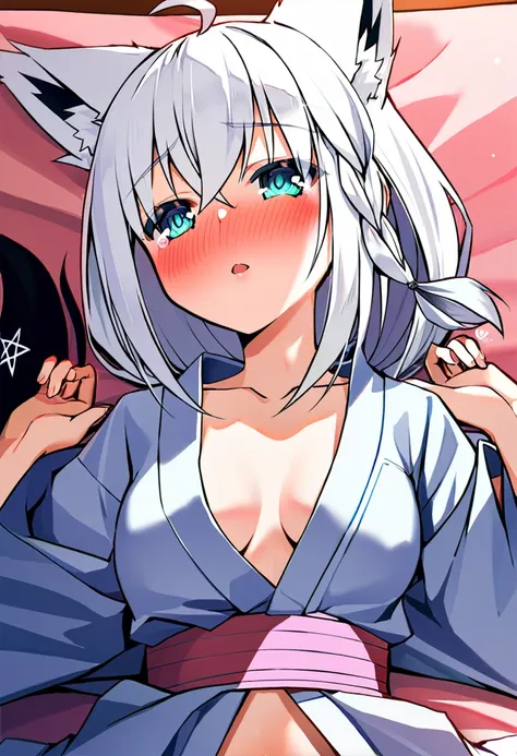 one girl, Shirakami Fubuki, fox ears, white hair, upperbody focus, yukata, beautiful, cute, be ready for sex, lying on bed, naive, love me, shy