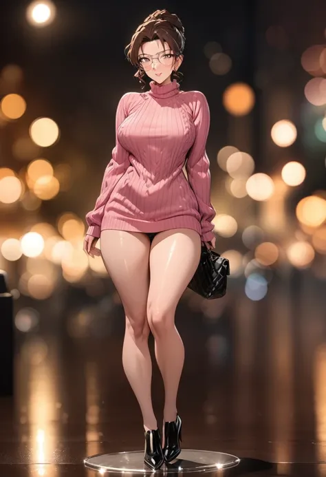 (Breathtaking Mature Beauty,Intelligent and elegant,Shiny pink sweater,Brown Hair,(Highest quality,masterpiece:1.2),Full Body Shot,Perfect figure,Wear glasses,Ultra Clear,Exquisite facial features,Very detailed,Bokeh)