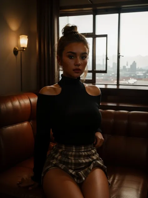 (full body shot:1.3), Best quality, 20y, (chubby:1.2), 1girl, kazakh, wearing sweater and skirt, big breast, (sexy:1.2) (messy bun hairstyle:1.2), hair blowing in the wind, moody, deep shadow, (dramatic posing:1.2), sofa, in vintage bar, detailed face and ...