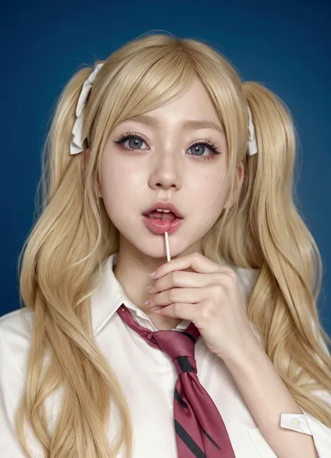 blond haired girl with a tie and headband holding a lollipop, ahegao face, anime girl in real life, a hyperrealistic , ahegao, hyperrealistic , junko enoshima, portrait of japanese gyaru, misa amane *, hyper realistic anime, anime girl cosplay, belle delph...