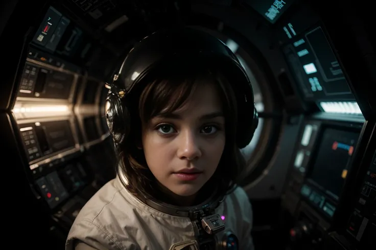 (Highest quality, Ultra HD, 16k, Masterpiece) An awe-inspiring scene of an astronaut girl sitting atop her spaceship, gazing out into the vast expanse of space. The shot is a medium to long shot, capturing the serene moment as she takes in the breathtaking...