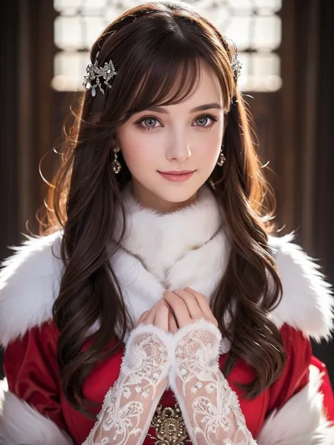 A stunning portrait of Anna Dittman-like beauty, dressed in a fitted red and white dress with fur trim, wide sleeves, and gloves, set against a darker bokeh background. Her long ash-brown hair cascades down her back as she gazes directly at the viewer with...