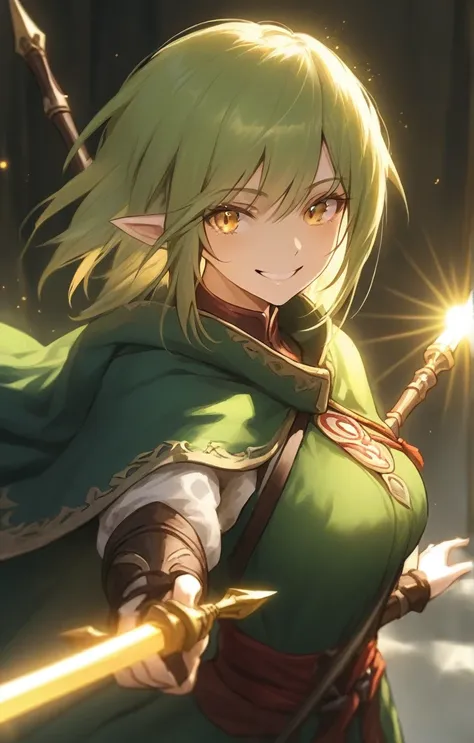 elf, woman, dnd, adventurer, green cloak, elegant, wield staff, sun light, bust shot, smile