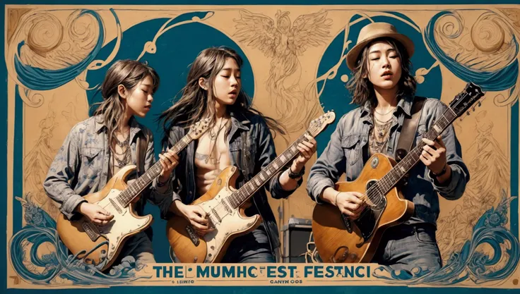 Draw a music festival poster，Playing blues guitar，Musical note elements