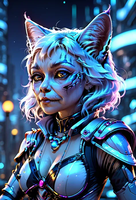 Beautiful neofuturistic woman, Granny cat, Lady Moonlight, beautiful high detail photograph, 4K, concept art, artstation, rendering by octane, unreal engine, cinematography, trending on Artstation, clear illustration --ar 3:5