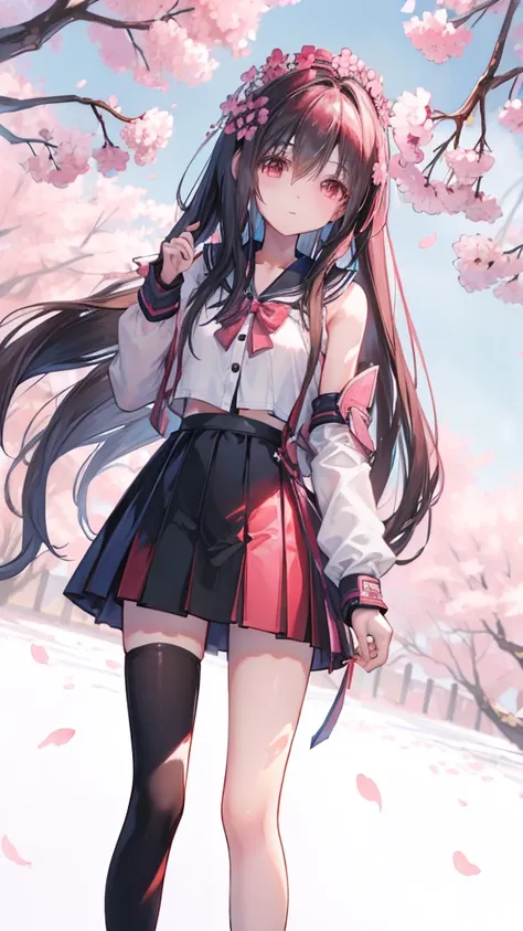 (((high high quality)))，quadratic element，teens girl，adolable，Shy，Student Clothing，cherry blossom tree background