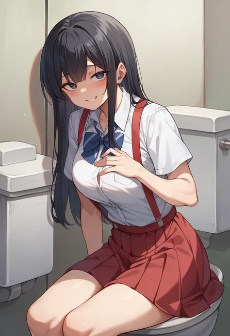 One girl、Ms. Hanako、Dress shirt、Short sleeve、Red suspenders、Red Skirt、Panty shot、Sidelong glance、toilet、A seductive smile、Slanted Eyes、Black Hair、Skirt lifted、Primary school students