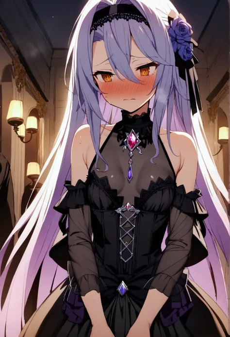 NSFW,masterpiece,Highest quality,High resolution,Very detailed,white(no game No life),Small breasts,(Gothic Lolita),See-through,Bare shoulders,hair band,flower,slave,Embarrassed,blush,Luxurious mansion,Party Venue,noble,(Middle-aged men),Lead,Being sexuall...