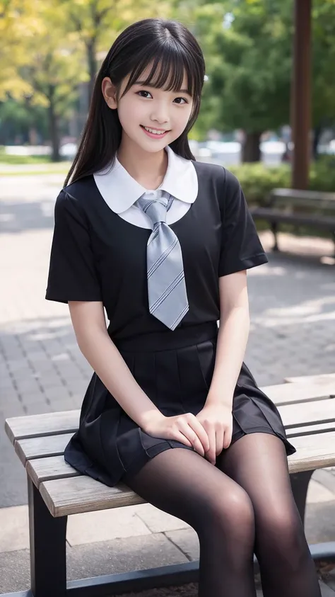 （Black Pantyhose）、（See-through）、（Tucked up）、(15-year-old girl)、(School uniforms)、(Short sleeve)、(sitting on a park bench)、(Laughter)