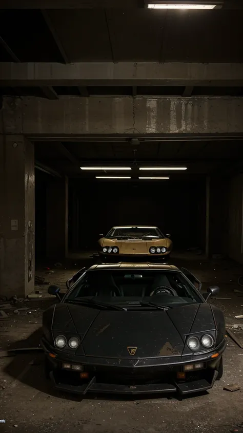 An old abandoned lamborghini car in a dark place