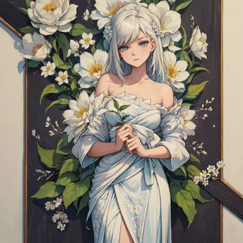 The background is white, flowers are drawn on the sides, on two corners left and right, in the style of watercolor drawing, painted over black pen, art painting, high detail, delicate paints.