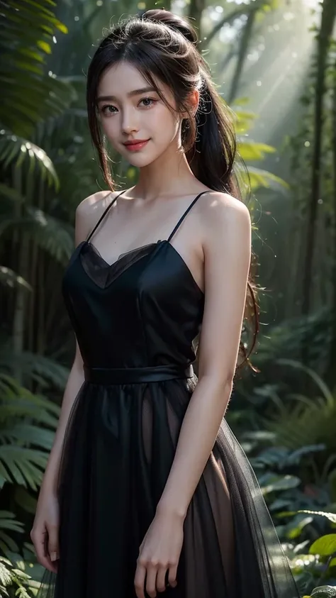 (Masterpiece:1.4), CG Unity 8k walpaper, ((Realistic: 1.2)), Ray Tracing, 64k, Beautiful 22 years girl, Asian realistic girl, Ultra Realistic, ultra HD, 1 girl, black hair, long hair, ponytail, standing, abandoned in a forest, Green Plants, Rain forest, so...