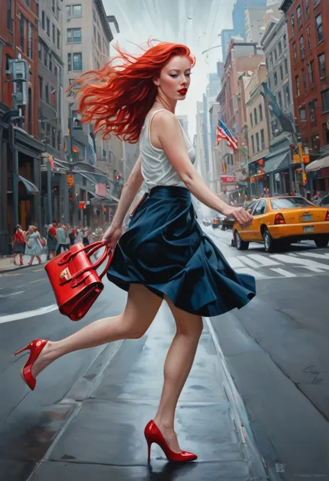 painting, a woman with a red handbag, wearing a skirt and heels, walking through the city, the wind lifts her skirt, her underwear is visible, her long red hair develops in the wind, various objects fly out of her handbag in a swift whirlwind, chaos and fa...