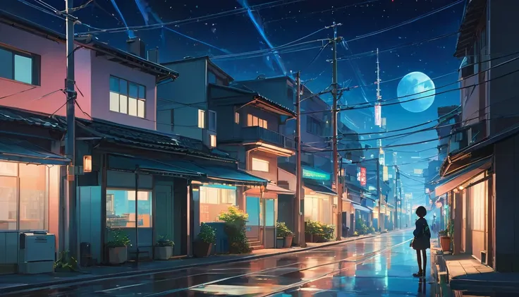 neon cityscape, quiet streets and a starry sky, anime style ((makoto shinkai)), makoto shinkai&#3 background full hd anime, conc...