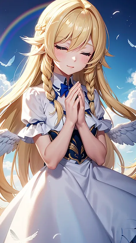 seraph raphael,long hairstyles,blonde,eyes closed,join hands,big rainbow,blue sky,feathers are fluttering