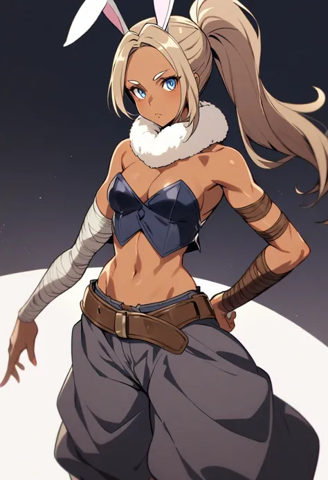 Bunny woman, rabbit woman, baggy pants, belt, blue eyes, tan skinned female, tanned, tan skin, dark skin, long pony tail, light brown hair, midriff, arm wraps, solo