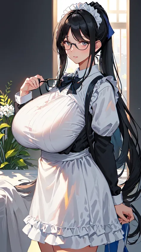 {{masterpiece}},high quality, 4K, 2D,depth of field, 1 girl,{simple gray background},(45 year old woman,mature female:1.2),milf,standing,(sagging breasts:0.7),(gigantic breasts:1.4),maid,front face,{{tareme}},ponytail, black hair,,plump,impossible clothes,...