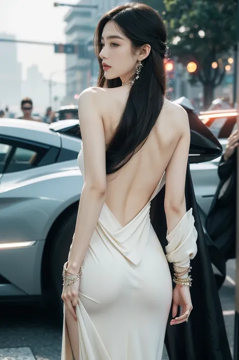 (((best quality))),(((ultra detailed))),(((masterpiece))),illustration,((1girl,gorgeous female model,solo)),((earrings,crystal necklace)),((slim,thin)),((bare back,towering hips,butt crack)),(standing:1.3),(beside a sleek futuristic car:1.3),(glamorres spa...