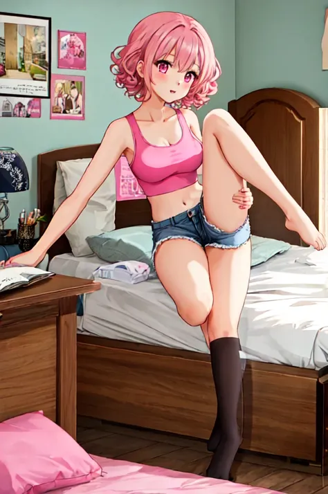 anime style, sexy woman, 20 years old, short pink curly hair, pink eyes, medium bust, pink crop top, pink short shorts, sitting ...