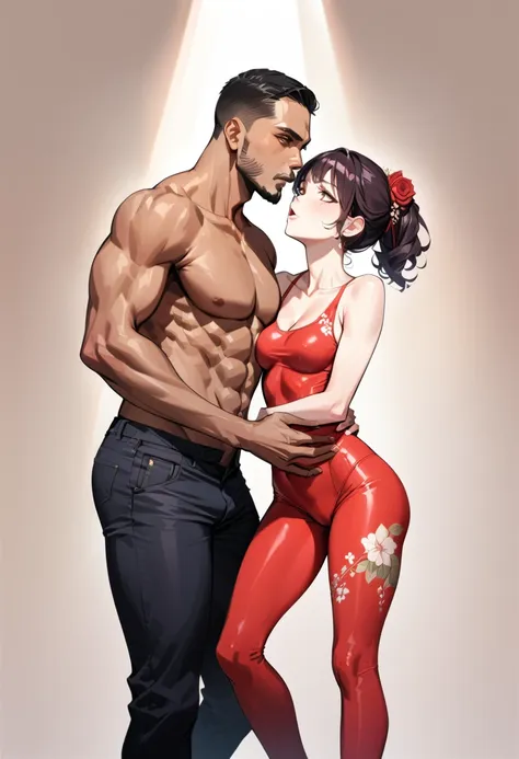 (1 young man), (1 asian Mom), (Duet), A mom seduces a young blackman，（strong and naked black man，short pantuscle body，bodybuilder），（a young mom with big breasts，narrow waist，bare shoulders，(red catsuit dressed, floral print, naked）, European 40 year old mi...