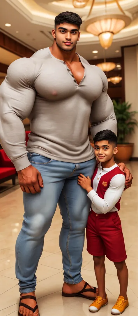 Tanned skin ugly faced indian very young muscular male with a mature woman, very tall, 2.30 meters tall, 20 year old overweight  bodybuilder, school freshman in loose linen pants and loosev neck henley shirt, cute innocent sweet young funny face, great hei...