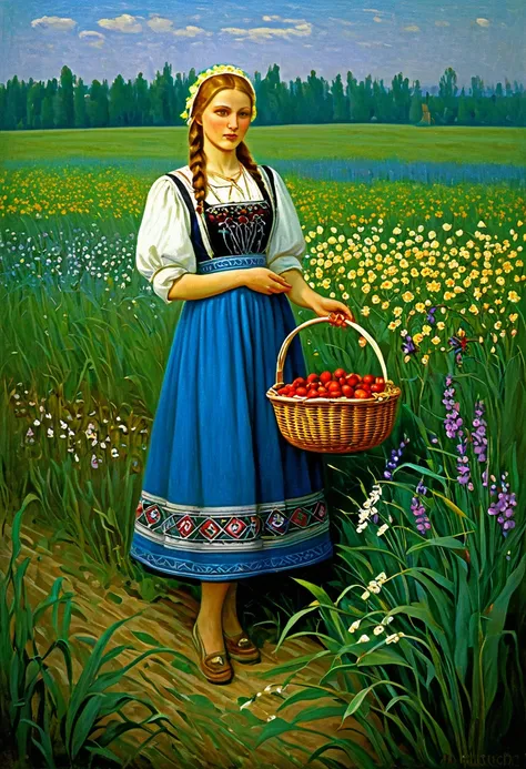 a painting of a woman holding a basket of flowers in a field, slavic folk fairytale, by Vlady Kibalchich Russakov, by Mikhail Lebedev, by Igor Grabar, beautiful maiden, by Franciszek Starowieyski, russian folk fairytale, by Dechko Uzunov, by Andrei Ryabush...