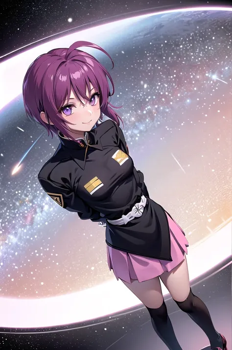 masterpiece,Highest quality,One girl,Mature Woman,Lunamaria Hawke,short hair,Ahoge,Redhead,Purple eyes,Purple Hair,Pink Skirt,uniform,Black knee socks,Long sleeve,smile,Are standing,Put your arms behind your back,I had already finished,universe船内部,sf,unive...