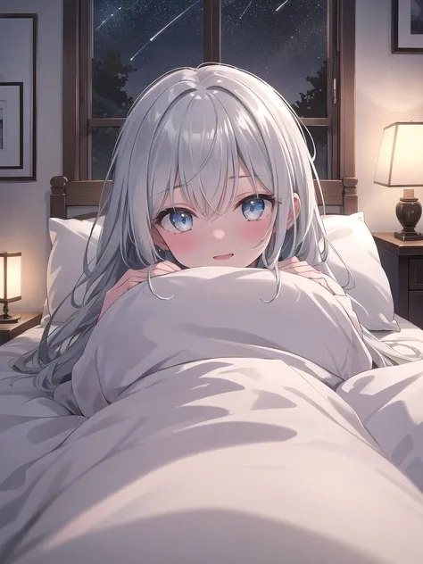 (8k, best quality, master piece: 1.2),super high resolution,1 girl, solo, ((colorshift eyes, hyperdetailed, expressive eyes)), ultra-detailed face, random hair, silver gray color, Ecstatic expression,She is lying face down on the bed, with her back facing ...