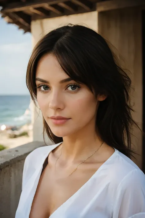 photographie d&#39;embodying tranquility and mysterious, model body, on the beach, belle fille brune, longhaire, super detailed,...