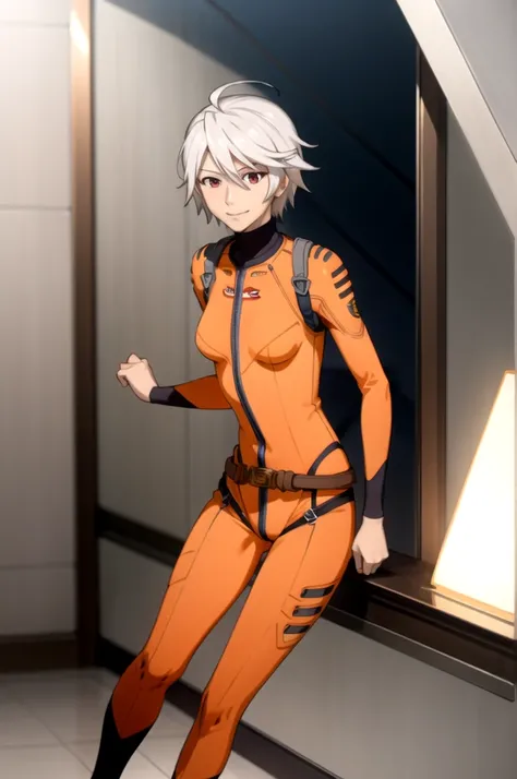 Highest quality, masterpiece, detailed,
Akira Yamamoto,
Mouth closed, A light smile,
Grey Hair, short hair, Red eyes, Ahoge,
Akira Bodysuit, Orange Suit, belt,
Are standing, Looking at the audience,
indoor, sf, cockpit