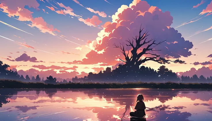 "((peaceful)) scene, A girl kneeling while thinking, ((Ripples on the pond)), ((Cotton candy cloud)), ((Gnarled tree silhouette)), Professional photography, ((Three-part method)), High resolution, Highest quality