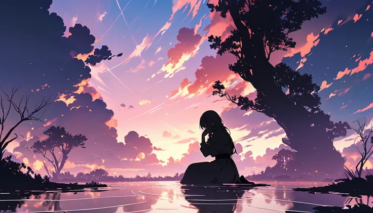 "((peaceful)) scene, A girl kneeling while thinking, ((Ripples on the pond)), ((Cotton candy cloud)), ((Gnarled tree silhouette)), Professional photography, ((Three-part method)), High resolution, Highest quality