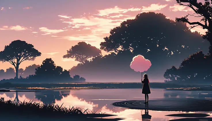 "((peaceful)) scene, A girl kneeling while thinking, ((Ripples on the pond)), ((Cotton candy cloud)), ((Gnarled tree silhouette)), Professional photography, ((Three-part method)), High resolution, Highest quality