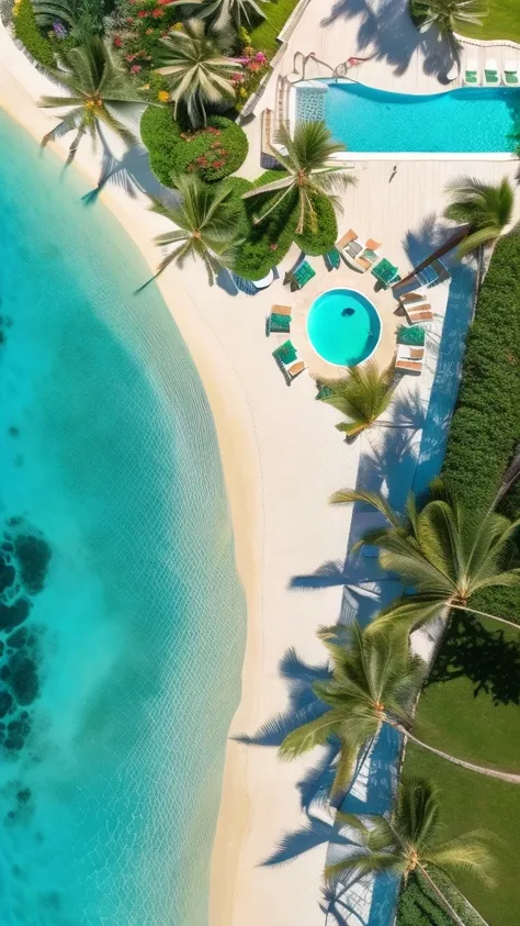 From a birds-eye view, describe the scene from the balcony of a modern, luxurious resort hotel in a tropical paradise. The stunning emerald green sea stretches out before you, and the sleek, contemporary deck furniture on the balcony adds a touch of sophis...